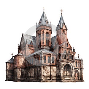Old abbey isolated on white created with Generative AI. Historical medieval building.