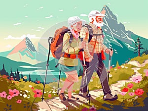 old active couple happy elderly trekking walking grandfather hiking senior. Generative AI.