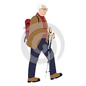 Old active man traveling with backpacks on holidays. Happy elderly man walking with nordic walking sticks, hiking