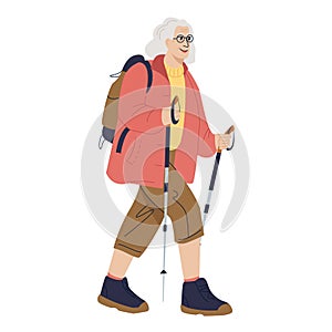 Old active woman traveling with backpacks on holidays. Happy elderly woman walking with nordic walking sticks, hiking