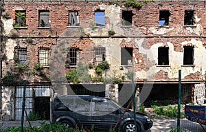 Old adandoned ruin building brick wall with trees grown on the stone wall and car next to it