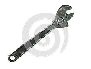 Old adjustable rusty metal wrench isolated