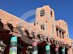 Old adobe styled design and architecture at Santa Fe plaza