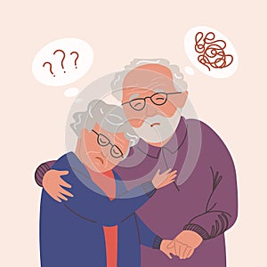 Old adult couple anxiety mental health vector illustration. Anxious and confused aged elder lady and man. Grandparents