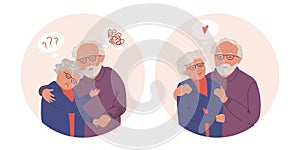 Old adult couple mental health vector illustrations set. Anxious and confused aged elder lady and man. Grandparents