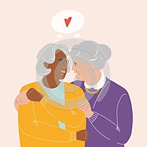 Old adult gay couple mental health recovery vector illustration. Psychical relief aged elder LGBTQ women in a calm and