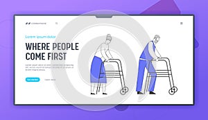 Old Age and Disability Website Landing Page. Senior Man and Woman Moving with Help of Front-wheeled Walker