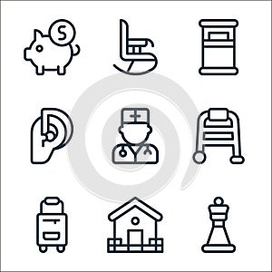 old age line icons. linear set. quality vector line set such as chesspiece, home, suitcase, walker, doctor, hearing aid, single photo