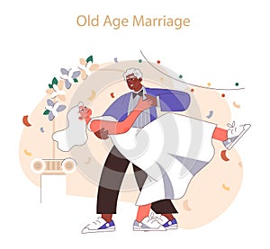 Old age marriage. Joyous senior couple in a celebratory wedding dance