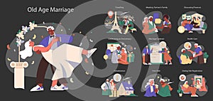 Old age marriage set. Excited senior couple. Elderly people dating and building