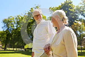 Happy senior couple walking at summer city park