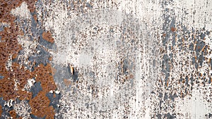 Old aged grunge aged, weathered damaged peeled off white rusty metal steel rust wall texture background