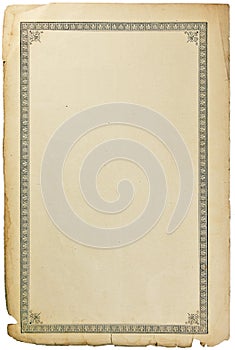 Old aged grungy book paper sheet page, ornate vignette pattern, isolated vertical vintage copy space sepia background