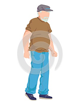 Old aged male character walking, man wear cap with excessive weight, outdoor stroll cartoon vector illustration