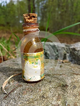 Old and aged medicine bottle in the woods