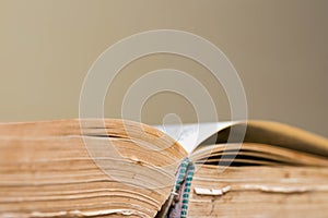 Old , aged, orange book pages close up macro shot