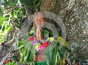 Old aged Pacific Islander man praying under a rain forest tree