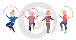 Old aged people doing exercise in cartoon character