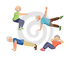 Old aged people doing exercise in cartoon character