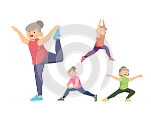 Old aged people doing exercise in cartoon character
