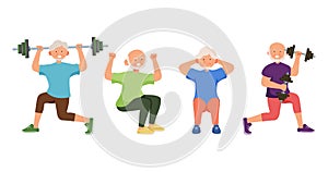 Old aged people doing exercise in cartoon character
