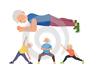 Old aged people doing exercise in cartoon character