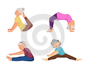 Old aged people doing Yoga exercise in cartoon character