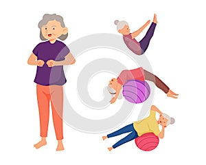 Old aged people doing Yoga exercise in cartoon character