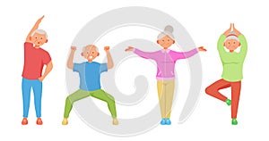 Old aged people doing Yoga exercise in cartoon character