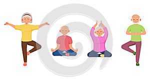 Old aged people doing Yoga exercise,in cartoon character