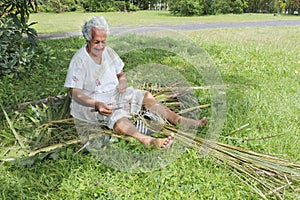 Old aged Polynesian Cook Islander woman prepares a broom from a photo