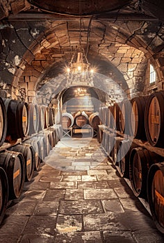 Old aged traditional wooden barrels with wine in vault lined up in cool and dark cellar