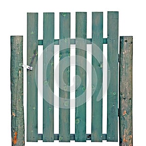 Old aged weathered green painted wooden gate, isolated rural garden fence entrance detail, large detailed abandoned countryside