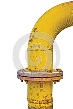 Old aged weathered grunge gas pipe connection flange joints, large detailed vertical isolated yellow pipeline closeup