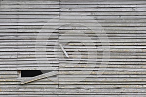 Old weathered natural grey damaged wooden farm shack wall, rustic grungy horizontal background closeup, broken boarding pattern