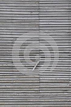 Old weathered natural grey damaged wooden farm shack wall, rustic grungy vertical background closeup, broken boarding pattern