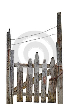 Old Aged Weathered Rural Ruined Grey Wooden Gate, Isolated Gray Wood Garden Fence Entrance Gateway Large Detailed Vertical Closeup