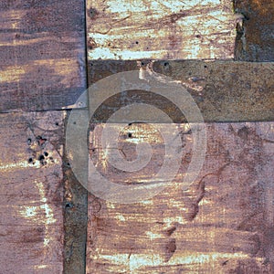 Old aged weathered rusty corroded coat iron sheets texture pattern, multiple horizontal rusted corroding grunge metal patch plates