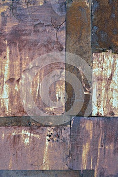 Old aged weathered rusty corroded coat iron sheets texture pattern, multiple vertical rusted corroding grunge metal patch plates,