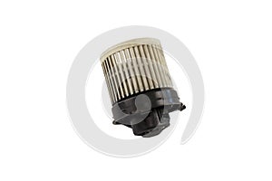 Old air car blower motor isolated on white background. Old dirty air blower fan motor of car isolated. Save with clipping path