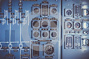 Old airplane control panel in cockpit