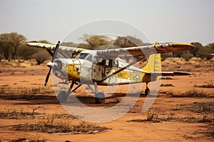 Old airplane in the desert of the Namib Desert, Namibia, small prop plane, landing on dirt landing strip in Africa, AI Generated