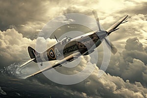 An old airplane gracefully flies through a cloudy sky, showcasing its timeless beauty and power, A vintage World War II fighter