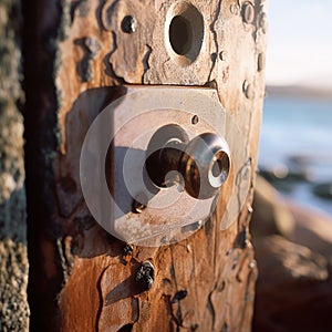 Old ajar wooden door with a metal handle, seascape behind