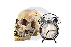 Old Alarm clock and human skull on white background