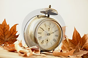 Old alarm clock surrounded by dry leaves