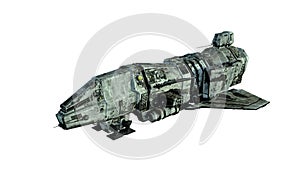 Old alien spaceship, UFO spacecraft in flight isolated on white background, 3D render