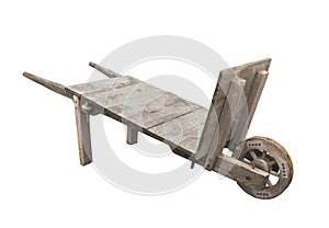 Old all wood wheel barrow isolated.