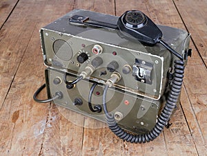 Old amateur ham radio on wooden table