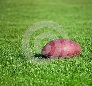 old American football ball on green grass